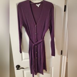 Ladies Time &Tru long purple button front, belted sweater EUC